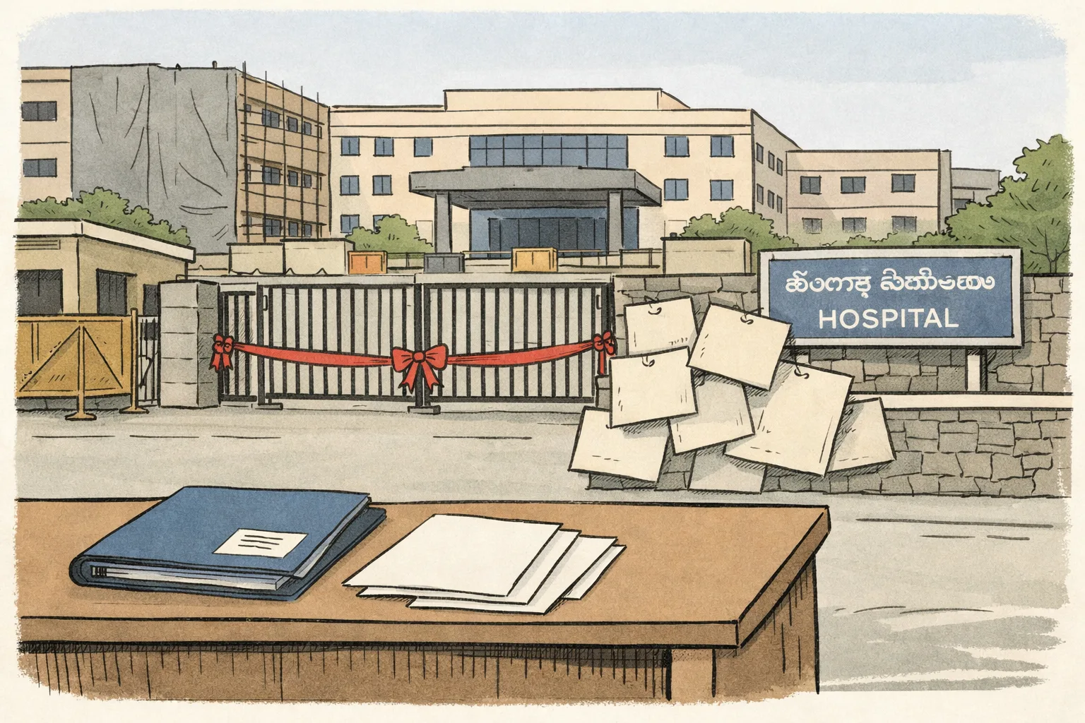 The entrance of a large Telangana government hospital stands behind a closed gate, with a ribbon and several faded date cards hanging from the unfinished frontage; a small official folder rests on an empty information desk in the foreground.