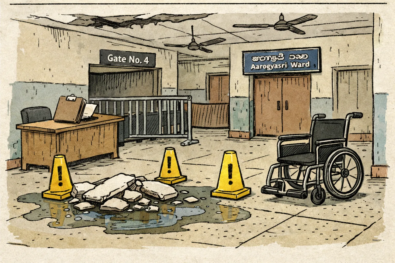An old hospital corridor with a fallen, water-stained ceiling section, caution cones and an empty wheelchair in front of a blocked checkpoint marked Gate No. 4.