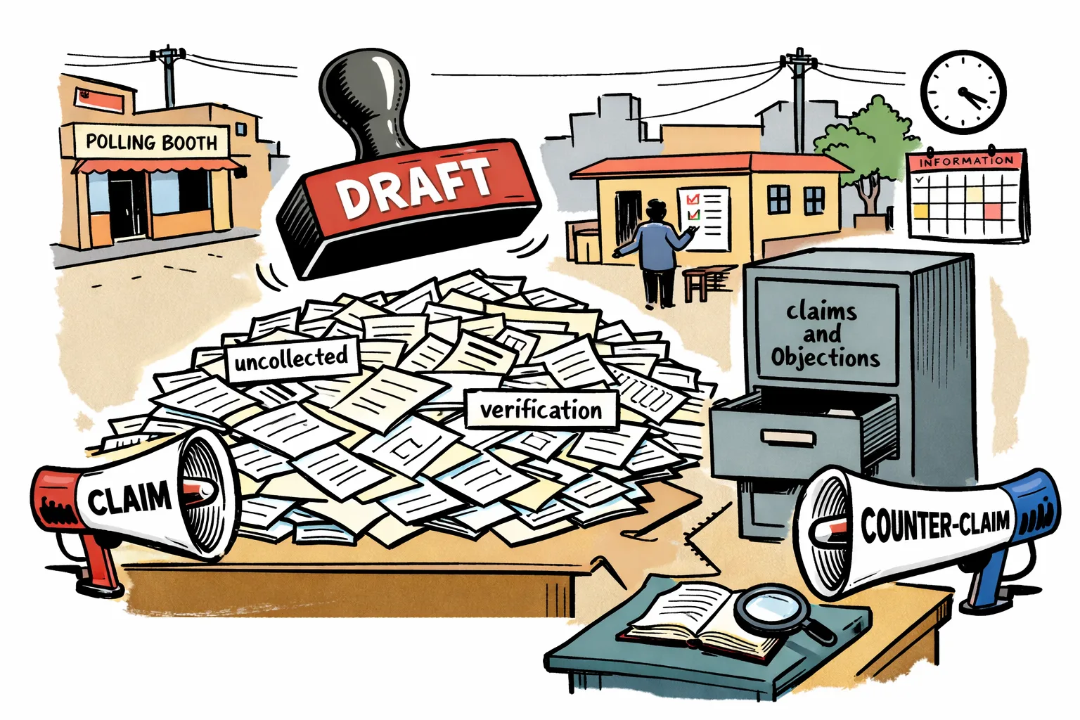 A giant pile of voter forms sits beneath an unstamped draft seal beside an open claims-and-objections drawer, while a Telangana polling-office scene and competing claim megaphones appear in the background.