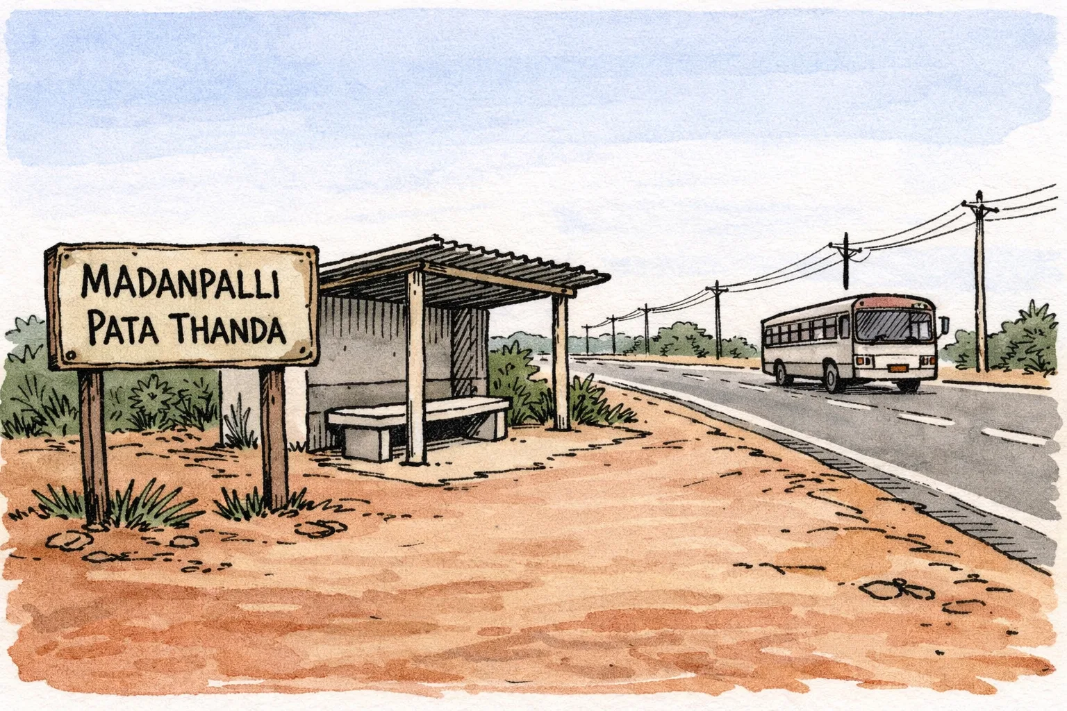 A simple roadside bus shelter beside a highway in rural Telangana, with a distant bus passing and scrubland and utility poles behind it.