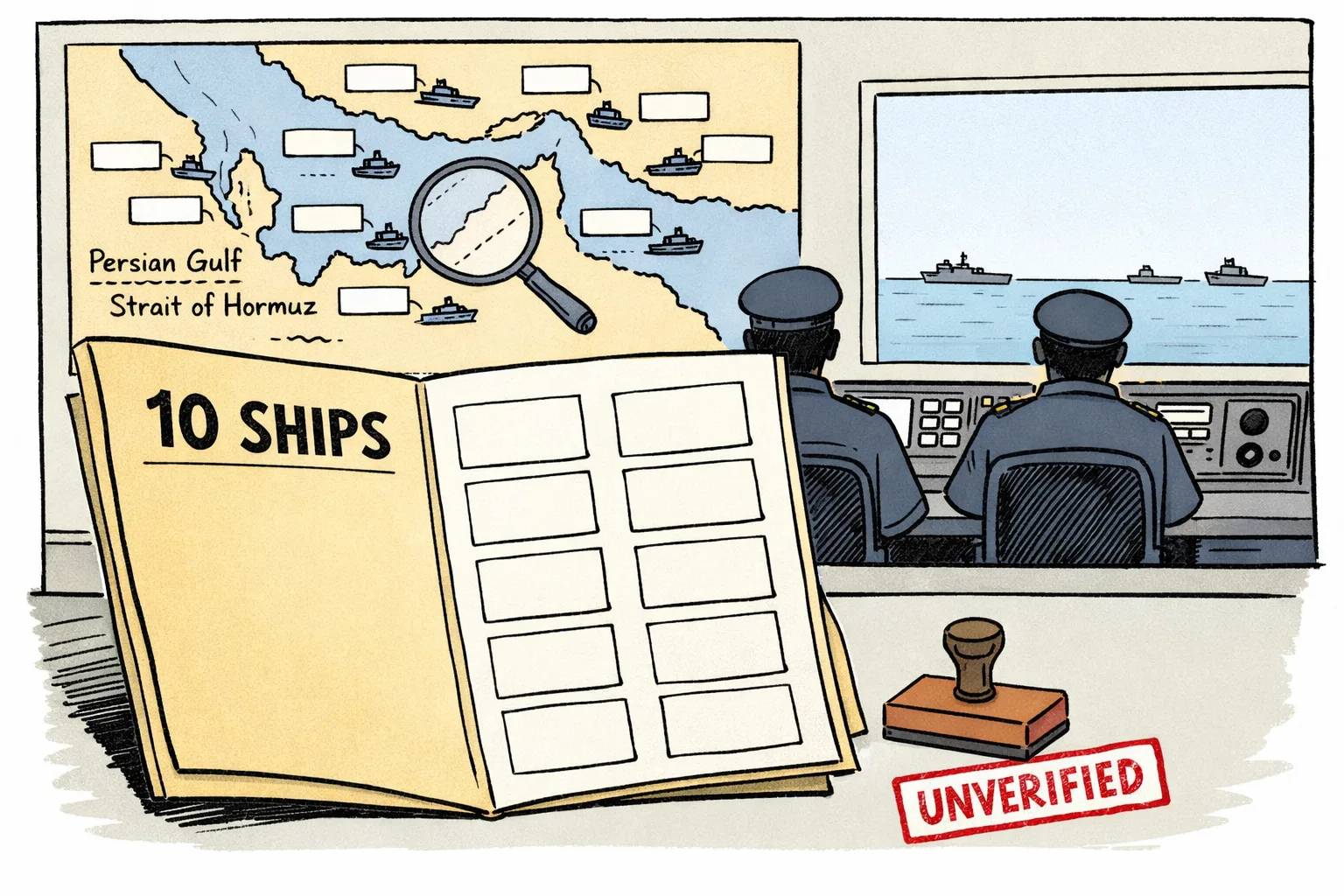 An editorial cartoon shows a huge blank manifest marked “10 SHIPS” beside an empty evidence board with ten covered ship labels in a maritime operations room.