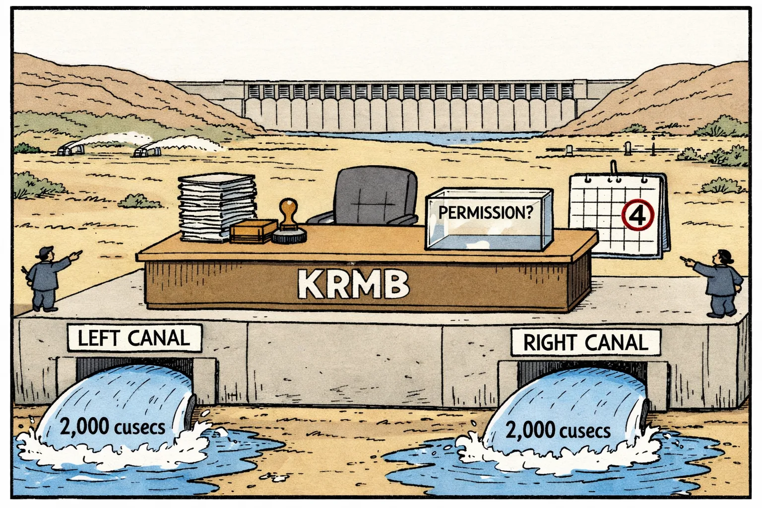 A cartoon at Nagarjuna Sagar shows equal water streams leaving two canal gates while an empty KRMB desk holds unsigned files and a calendar with September 4 circled.