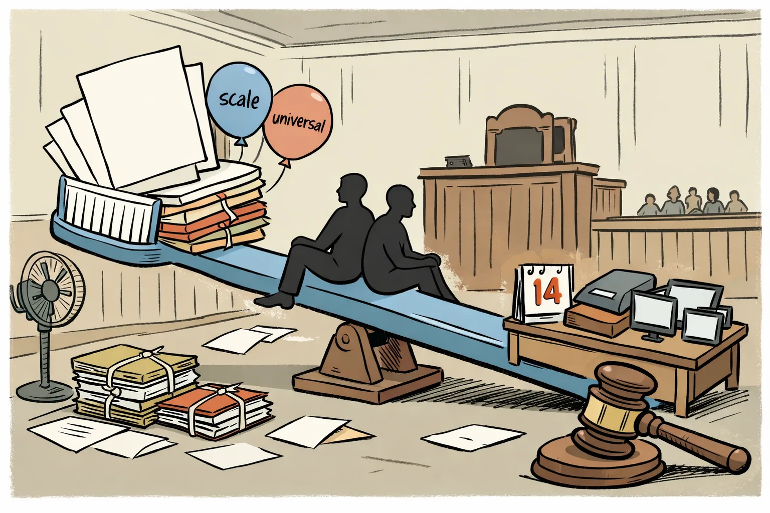 A hand-drawn courtroom in Hyderabad contains a giant toothbrush-shaped see-saw with two faceless film-industry figures balanced on it, surrounded by files, legal papers and a gavel, while a small calendar marks August 14.