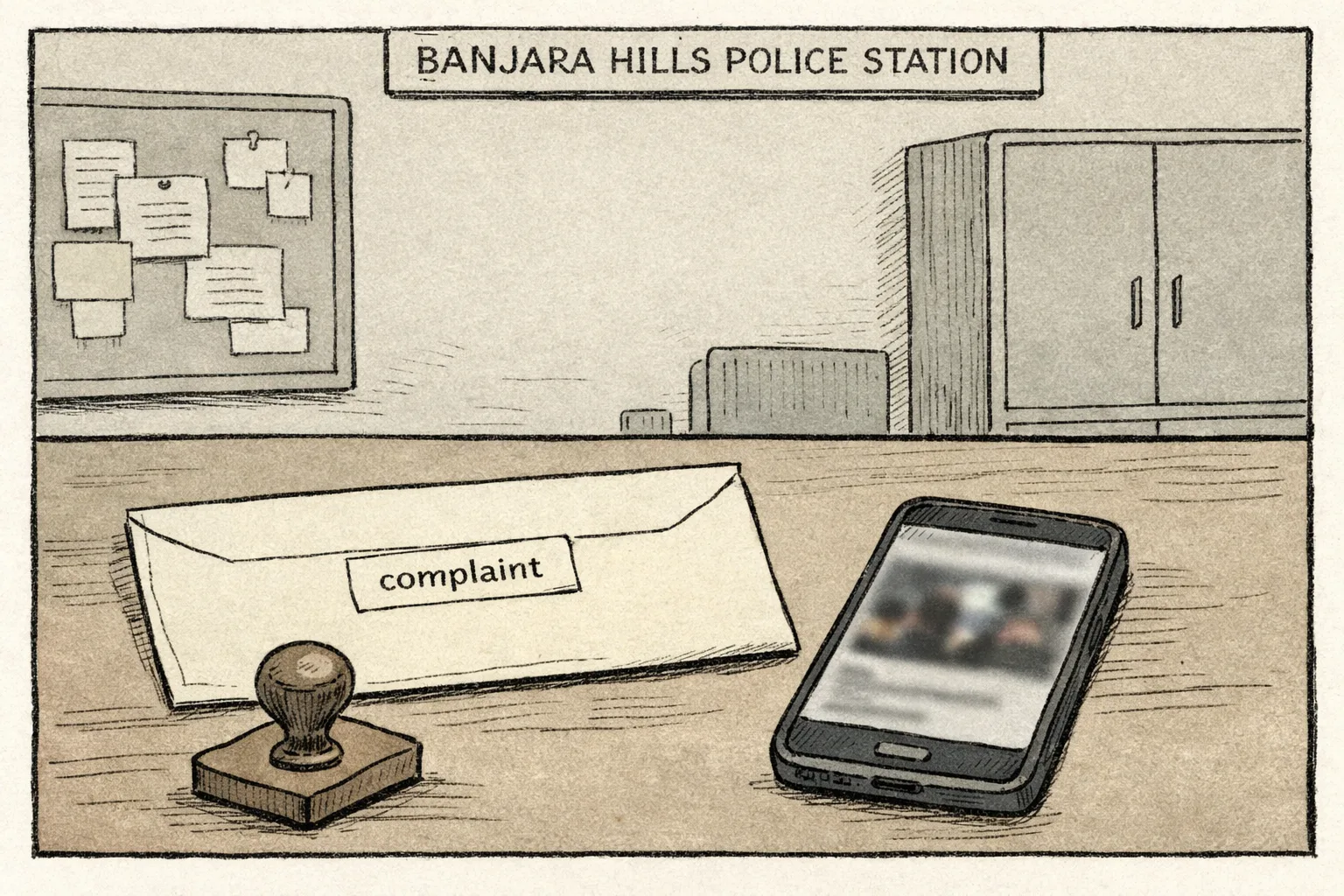 A complaint envelope and an unstamped rubber stamp sit beside a smartphone showing a blurred video thumbnail on a police station desk.