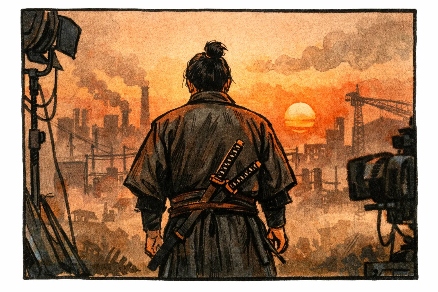 A samurai-styled film character stands silhouetted against an orange dawn over a misty industrial cityscape.
