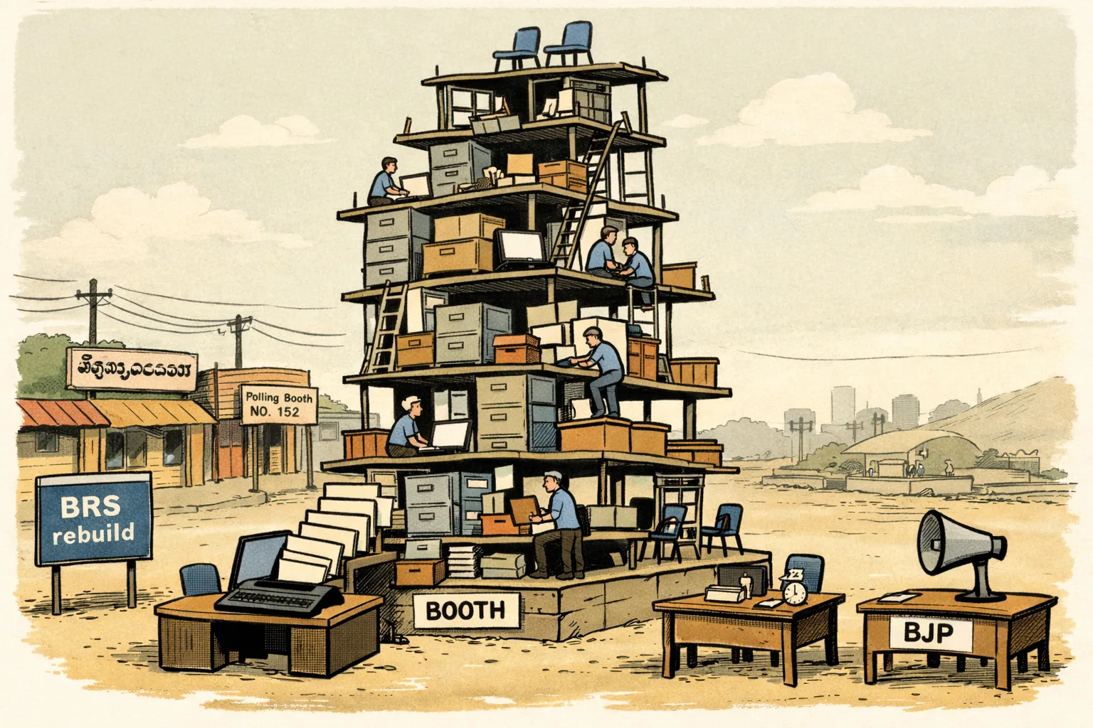 A Telangana polling booth has been turned into a construction site, with a large unfinished party machine labelled by levels from booth to state, while three empty desks marked BRS, Congress and BJP sit nearby with different piles of paperwork.