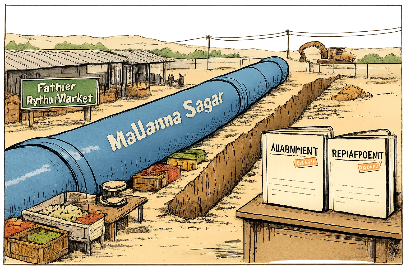 A huge blue water pipeline cuts through a small Pathur Rythu Market beside a trench, while blank government files marked alignment and replacement sit nearby.