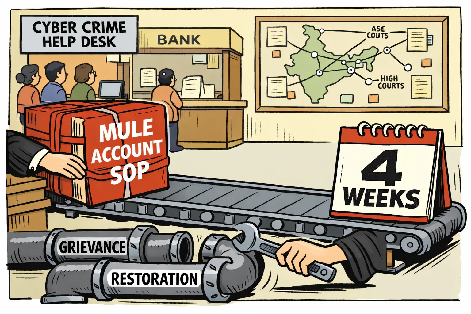 A giant RBI file labelled “MULE ACCOUNT SOP” sits on a desk marked “4 WEEKS”, while small pipes labelled grievance and restoration run toward bank counters and a Telangana cybercrime helpdesk.