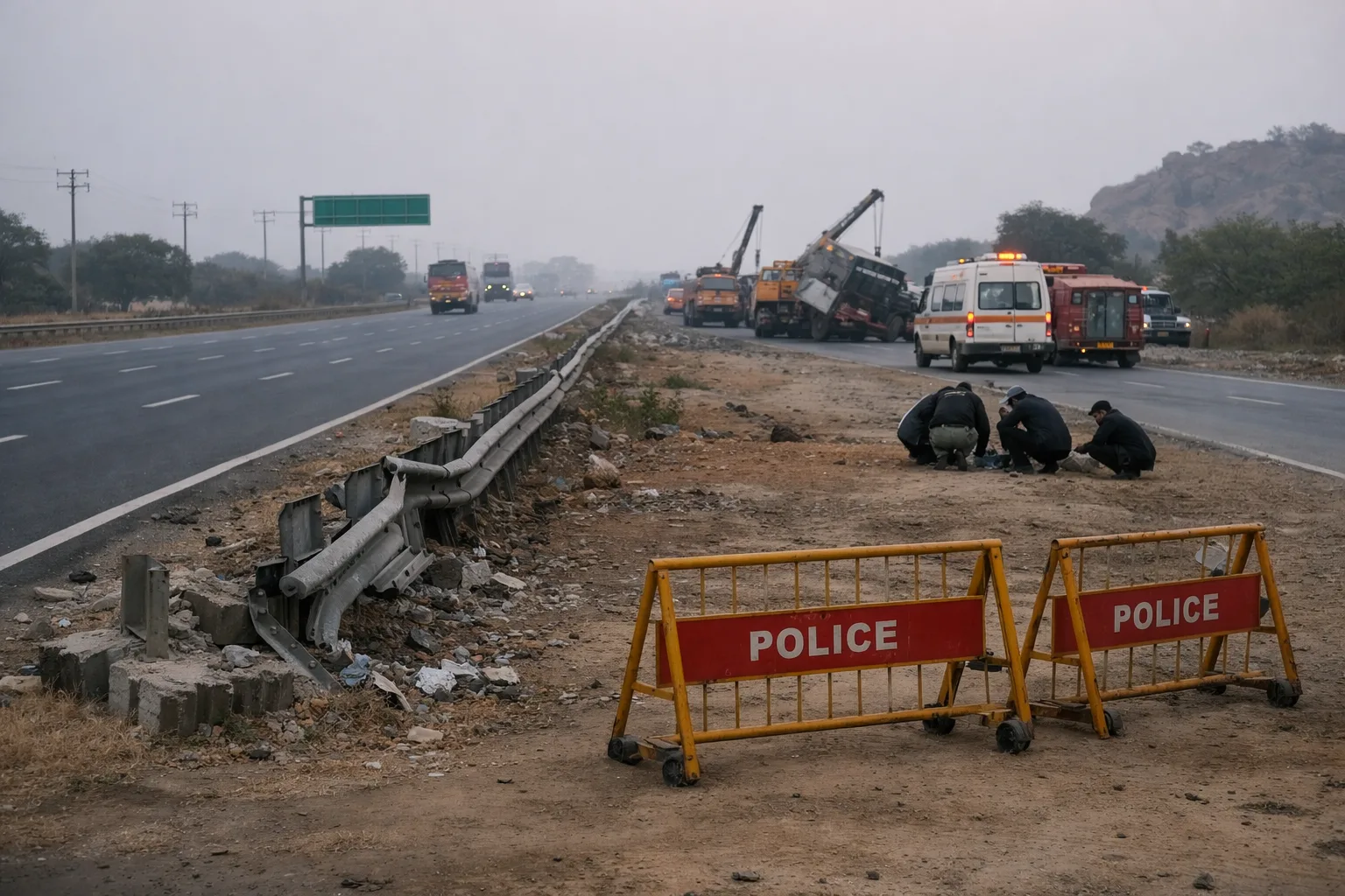 A quiet stretch of NH-65 near Dorakunta with a damaged median, police barricades, an ambulance and rescue vehicles at the roadside in the early morning.