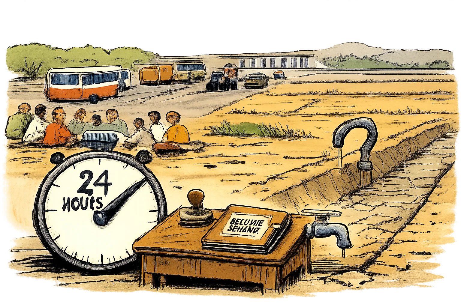 A peaceful roadside blockade beside a dry canal faces a giant 24-hour stopwatch, while a government desk holds an unopened release file and an empty tap.