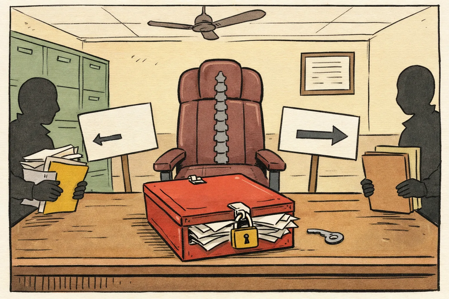 A sealed red government file sits on a Telangana office desk between two conflicting notes, while an empty chair with a rigid spine-shaped back stands behind it.