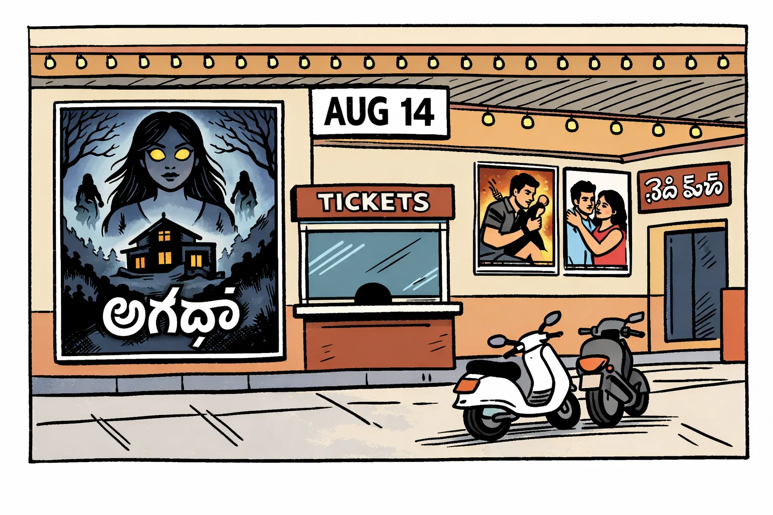 A cinema ticket counter displays a supernatural thriller poster beside an empty board for screen counts and bookings, while a calendar marked August 14 hangs above a quiet Hyderabad theatre entrance.