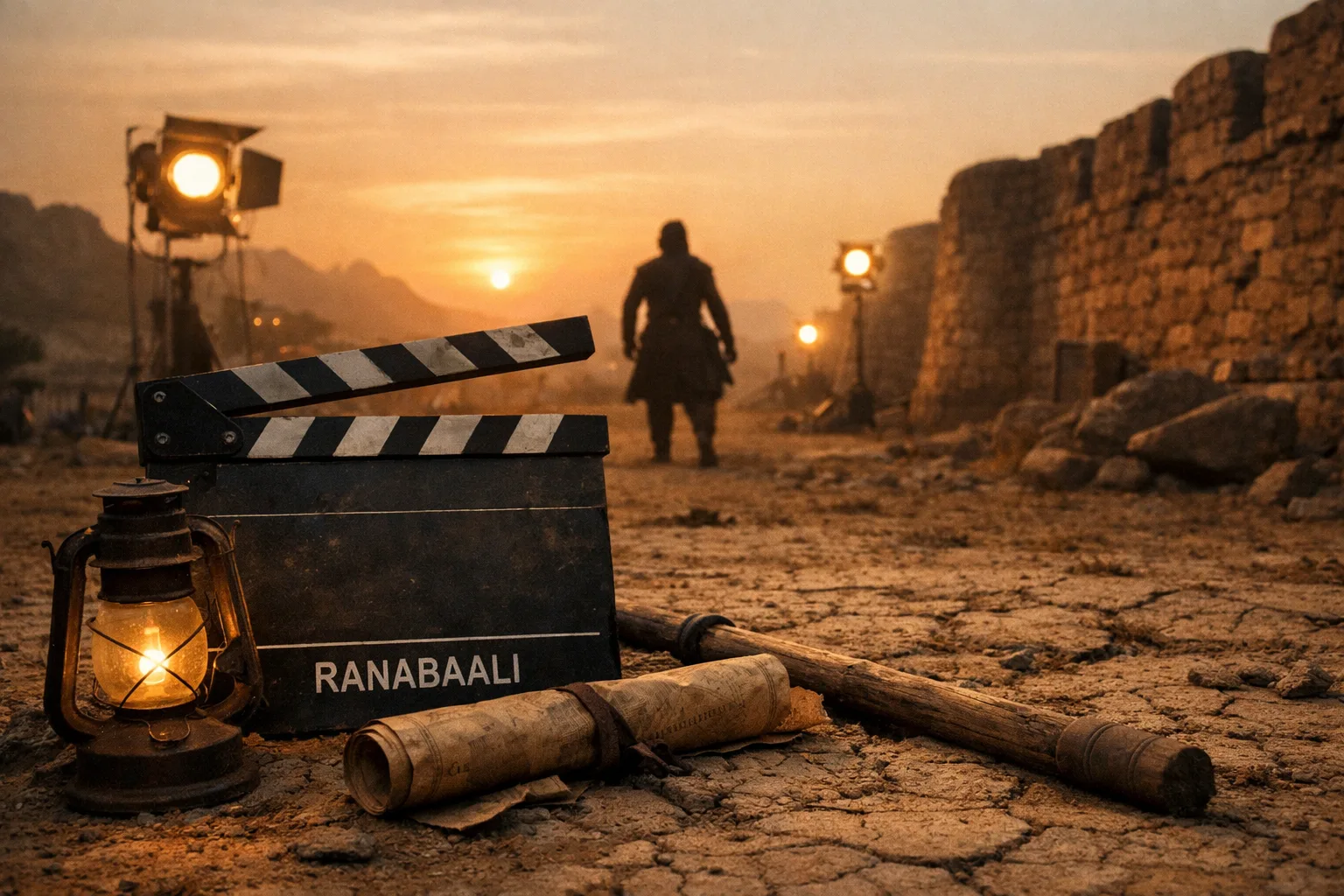 A clapperboard and period props sit before a dry Rayalaseema landscape and stone fort wall under a dramatic sunset, with a distant warrior silhouette and film lights.