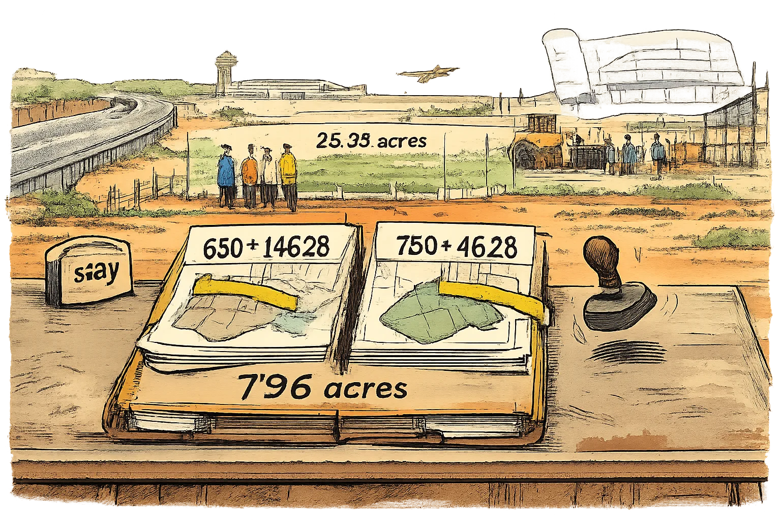 A large land-acquisition file marked 796 acres splits into two conflicting acreage calculations on a desk, while a bulldozer waits behind a legal barrier beside cultivated fields near Shamshabad.