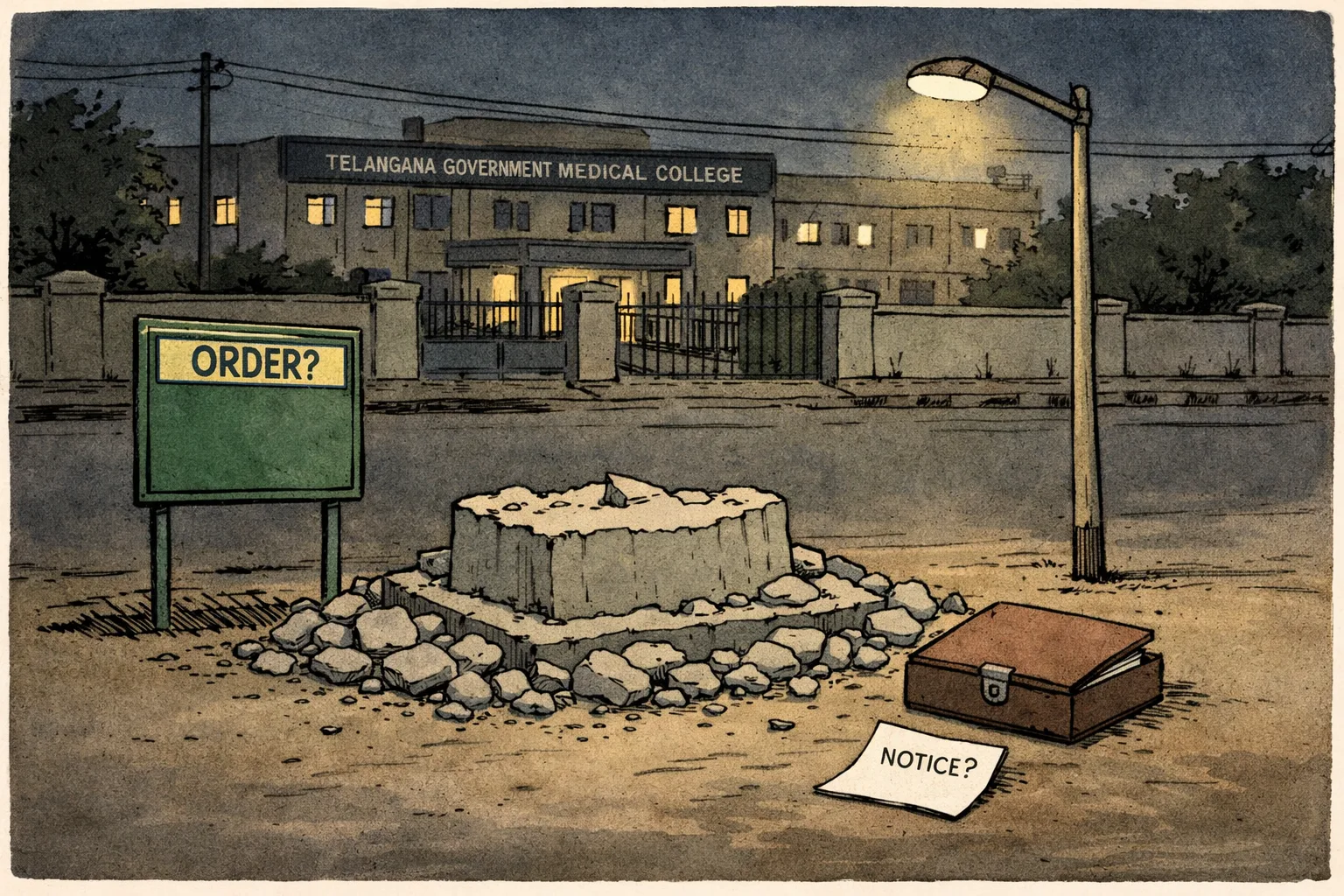 A dark Narsampet street opposite a government medical college, with a demolished concrete pedestal, gathered rubble, a blank municipal board marked “ORDER?” and an empty file box marked “NOTICE?”.
