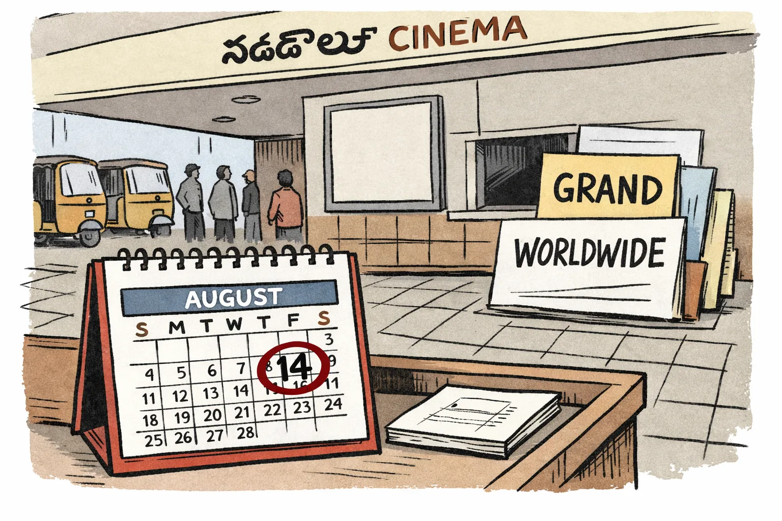 A film release calendar shows August 14 circled in a bright theatrical marquee, while oversized promotional cards marked “grand” and “worldwide” lean against a modest cinema entrance in Hyderabad.