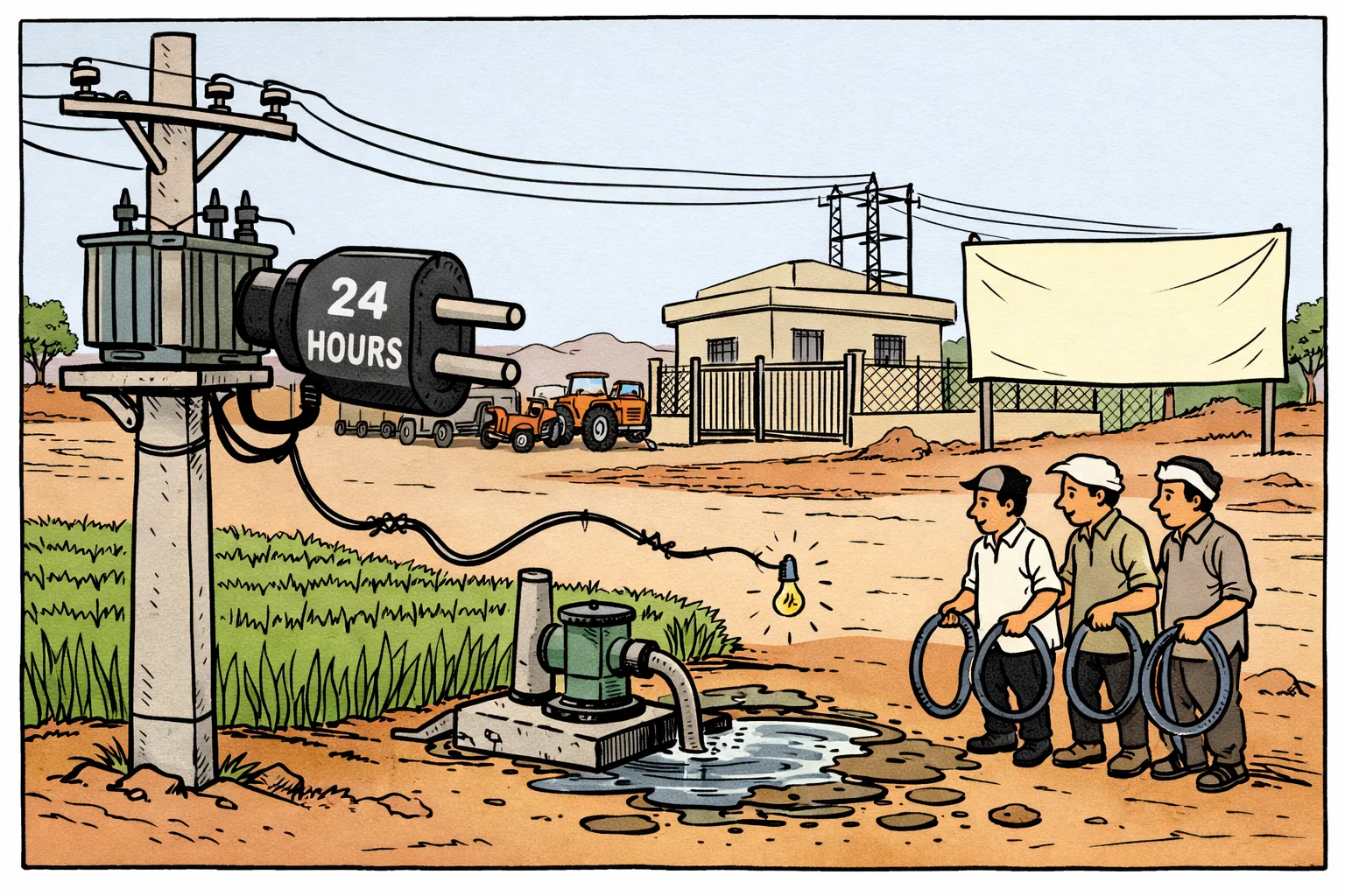 A giant plug marked 24 HOURS feeds a frayed wire beside a stalled irrigation pump in a Siddipet field, while farmers stand near a closed electricity sub-station and tractors block a rural road.