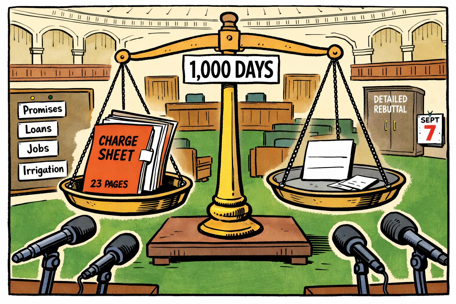 Inside a Telangana Assembly-style chamber, a large 1,000-day weighing scale holds a 23-page charge-sheet file against an almost empty evidence tray, while microphones point toward it and a detailed rebuttal cupboard stands closed.