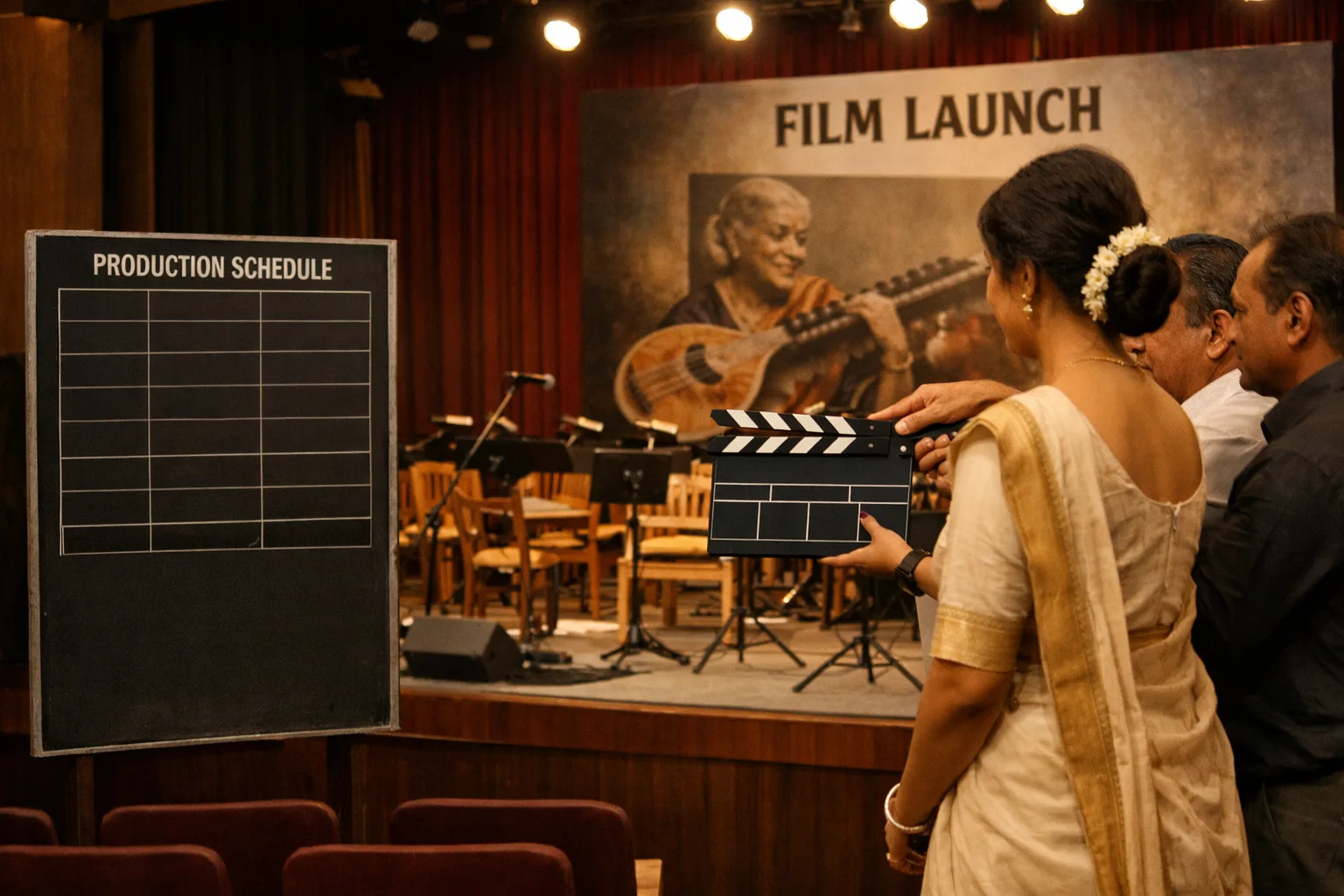 A film-launch stage in Chennai with a clapperboard, microphones and a blank production calendar beside formal event decorations.