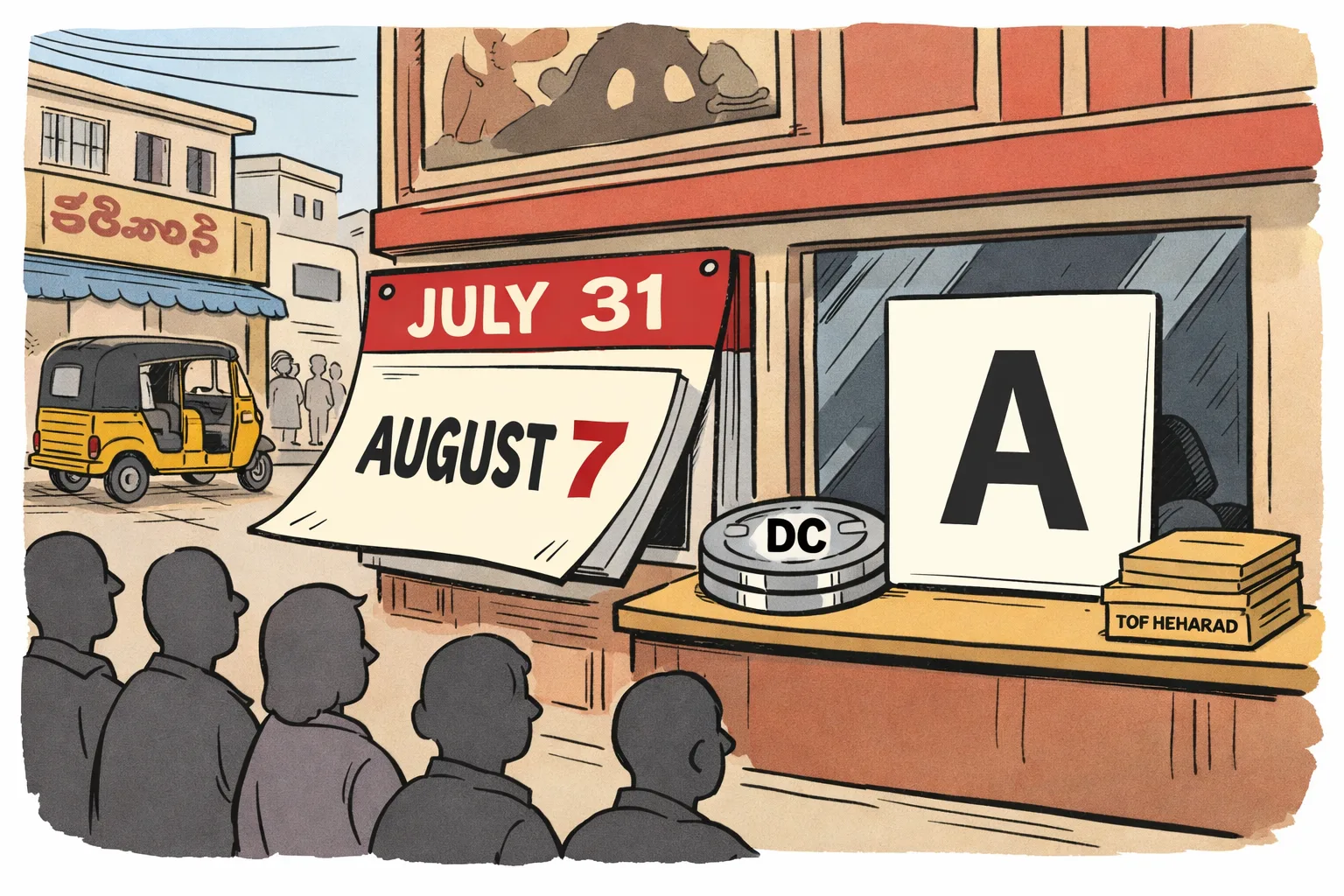 A cinema marquee in Hyderabad shows a large blank rating card marked ‘A’, while a calendar page has been shifted from July 31 to August 7 and theatre-goers wait outside.