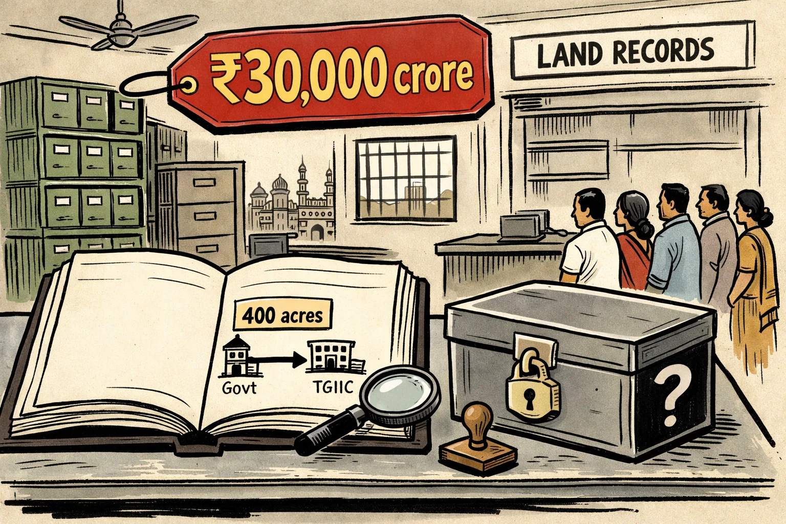 A Hyderabad government records office cartoon shows a huge ₹30,000-crore price tag floating above a mostly blank land ledger, with a smaller file marked 400 acres linking plain government and TGIIC building icons; an empty cash box and waiting residents sit nearby.