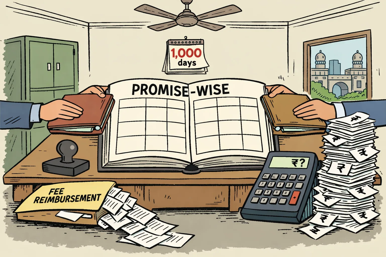 An enormous blank promise ledger sits on a government desk beside overdue fee-reimbursement slips and an overloaded calculator stacked with borrowing papers.