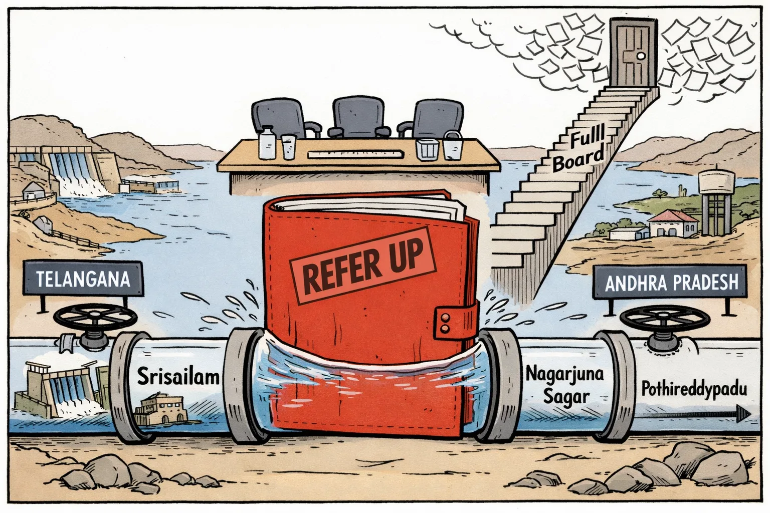 A newspaper-style cartoon shows the Srisailam and Nagarjuna Sagar water pipeline blocked by a file marked ‘REFER UP’, with competing valves for hydel power and Pothireddypadu withdrawals and an empty committee table below a staircase to a full board.