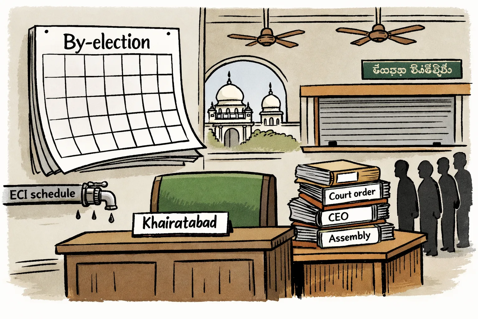 An empty Khairatabad seat sits in a Telangana Assembly-style chamber beneath a blank by-election calendar, while government files queue beside a dry pipe labelled ECI schedule.