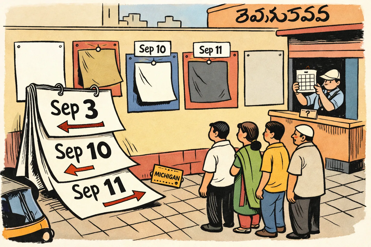 A loose September calendar outside a Hyderabad cinema shows Sep 3, Sep 10 and Sep 11 cards pointing in different directions beside four film posters, while a ticket clerk waits with a calendar.