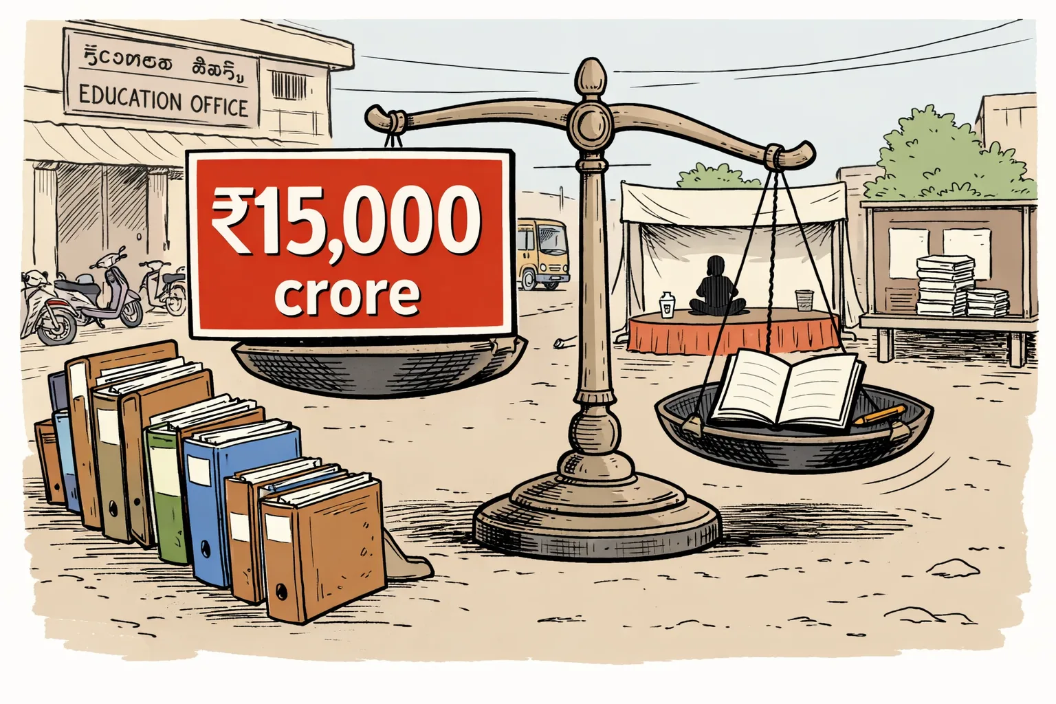 A giant placard marked ₹15,000 crore balances against a tiny blank ledger on a weighing scale outside a Hyderabad education office, with a protest tent and stacks of files behind it.