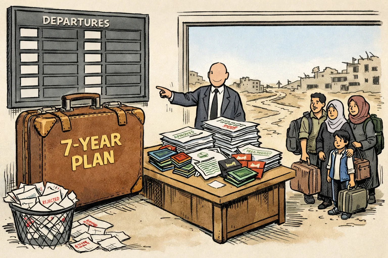 A giant suitcase marked as a seven-year plan sits beside stacks of official paperwork and an empty departures board with blank destination slots, while residents with luggage stand nearby.