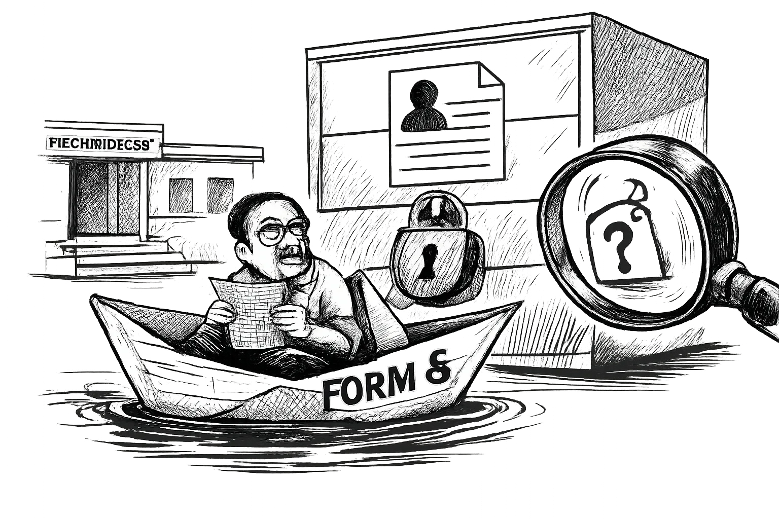 An already-enrolled voter sits in a paper boat made from Form 6 while a giant judicial magnifying glass examines a question mark beside a locked electoral-roll cabinet.