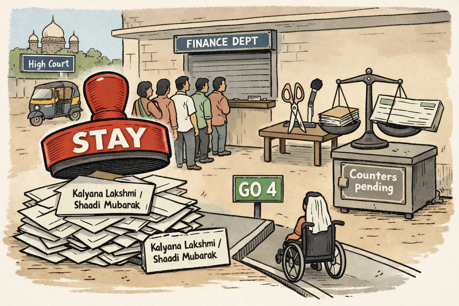 Outside a Telangana welfare office, a large stay stamp hovers over cheque envelopes while one envelope marked GO 4 lies on an open accessible path; a dusty file cabinet and an unused ceremonial cheque table stand beside a waiting queue.