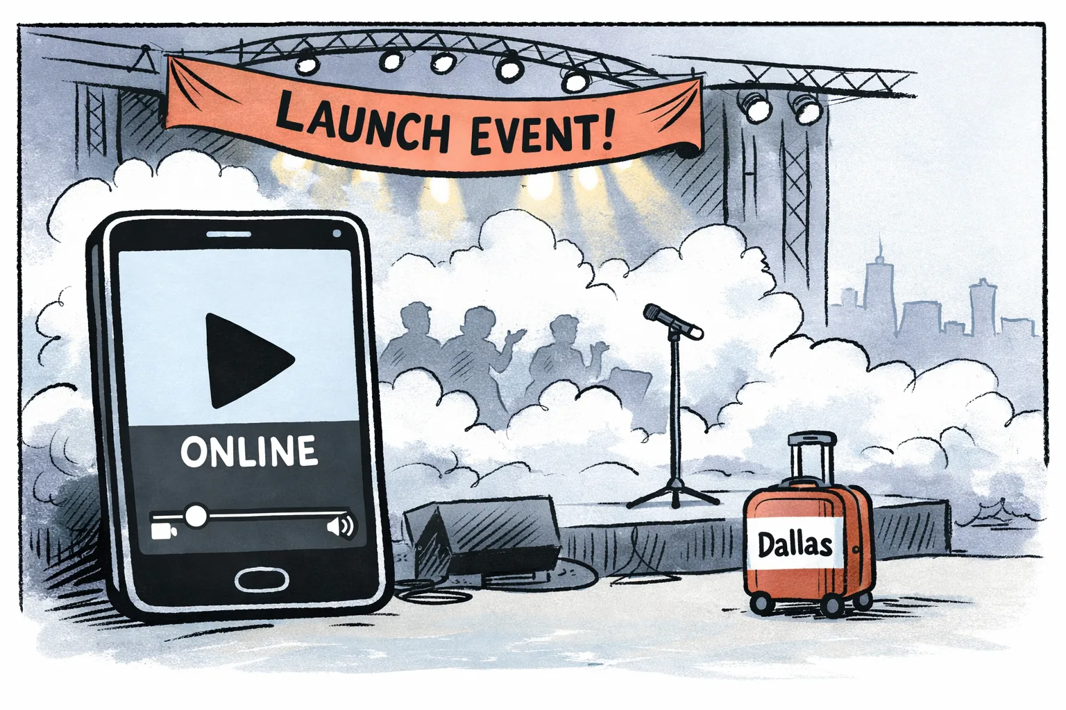 A fog-covered concert stage with an oversized launch ribbon stands behind a smartphone showing an online video, while a suitcase marked Dallas rests beside the stage.