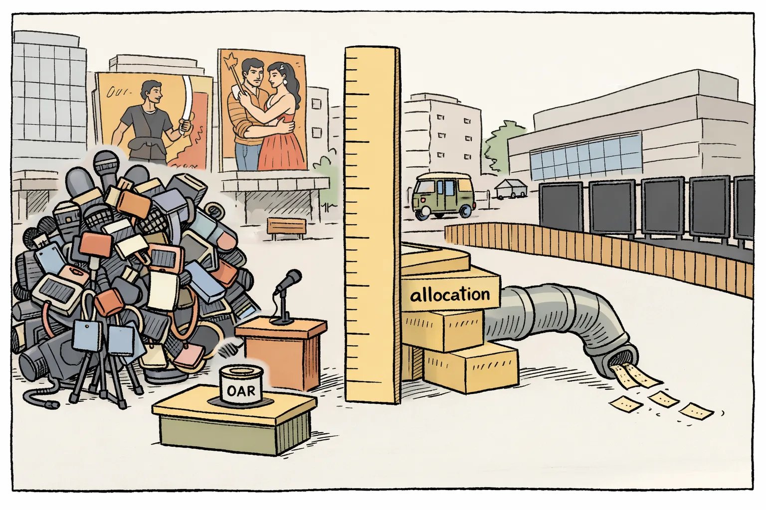 A tiny film canister sits beneath a huge pile of microphones beside a narrow pipe releasing a small stream of tickets toward several cinema screens in a Hyderabad streetscape.