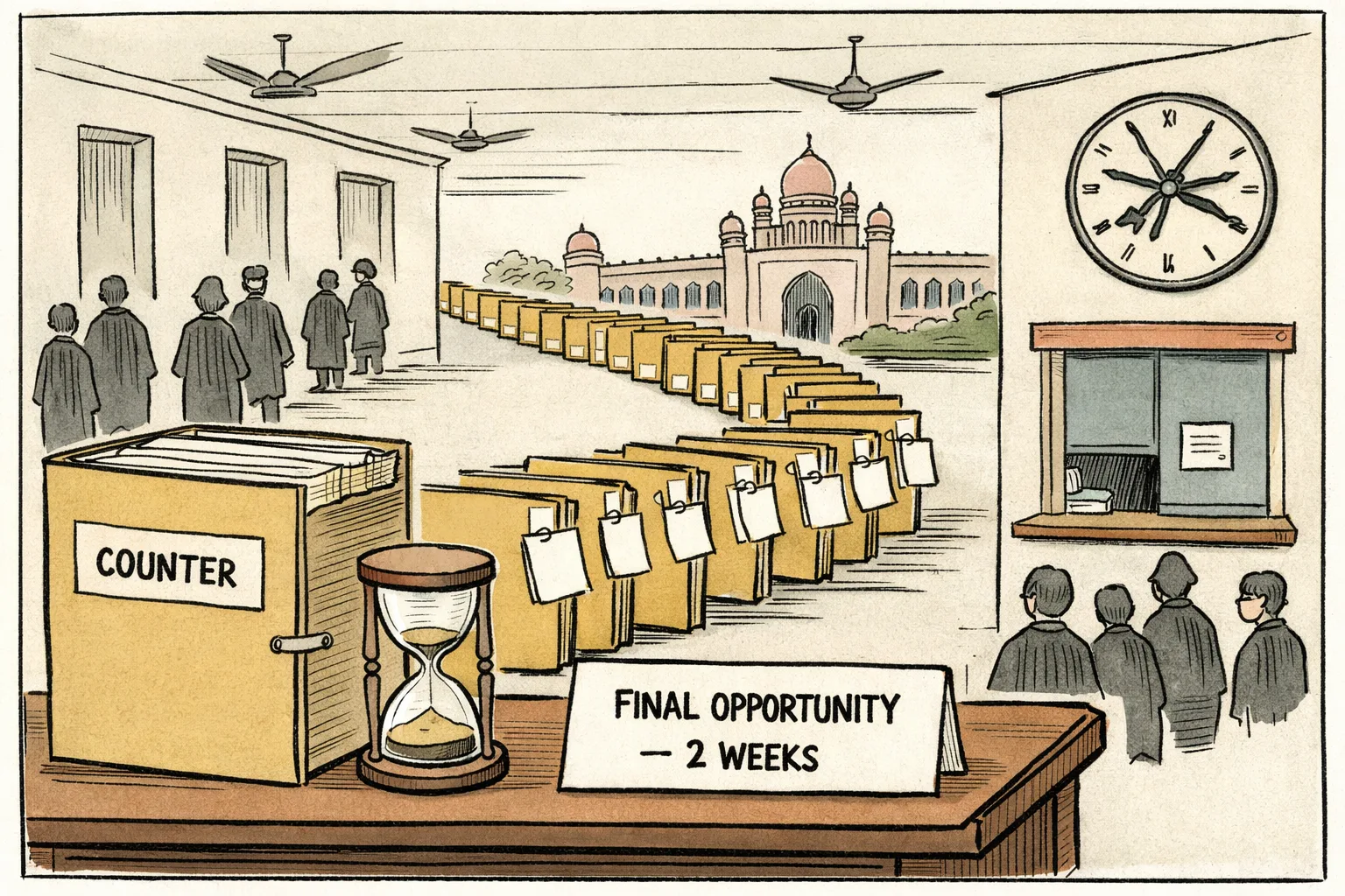 An hourglass and a court file marked counter sit beside a two-week final-opportunity order, while a long queue of affidavit folders stretches through a Telangana court corridor toward a closed counter window.