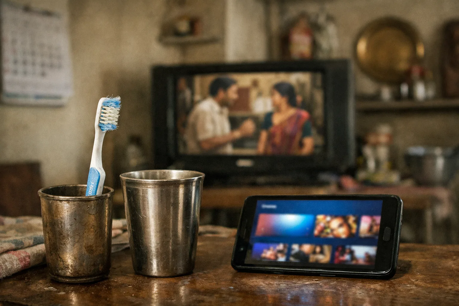 A toothbrush, steel tumbler and smartphone sit in a modest Telangana home while a television in the background shows an indistinct Telugu film.