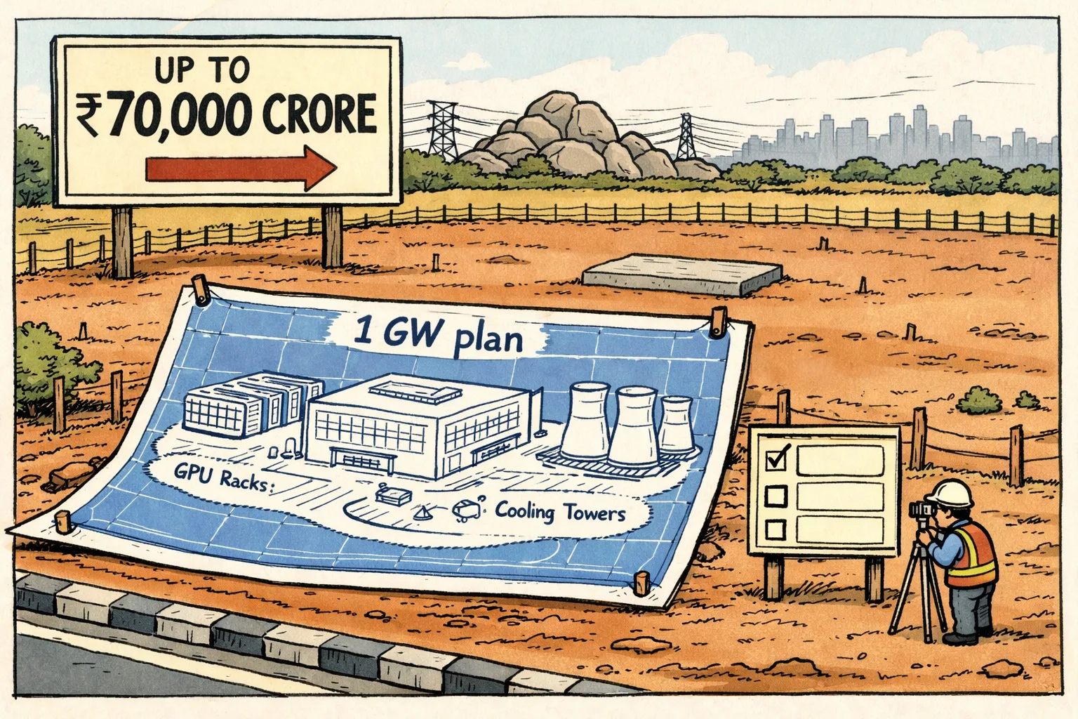 An enormous blueprint for a futuristic AI data centre lies beside a fenced, empty plot outside Hyderabad, with a giant investment sign and a small checked progress board.
