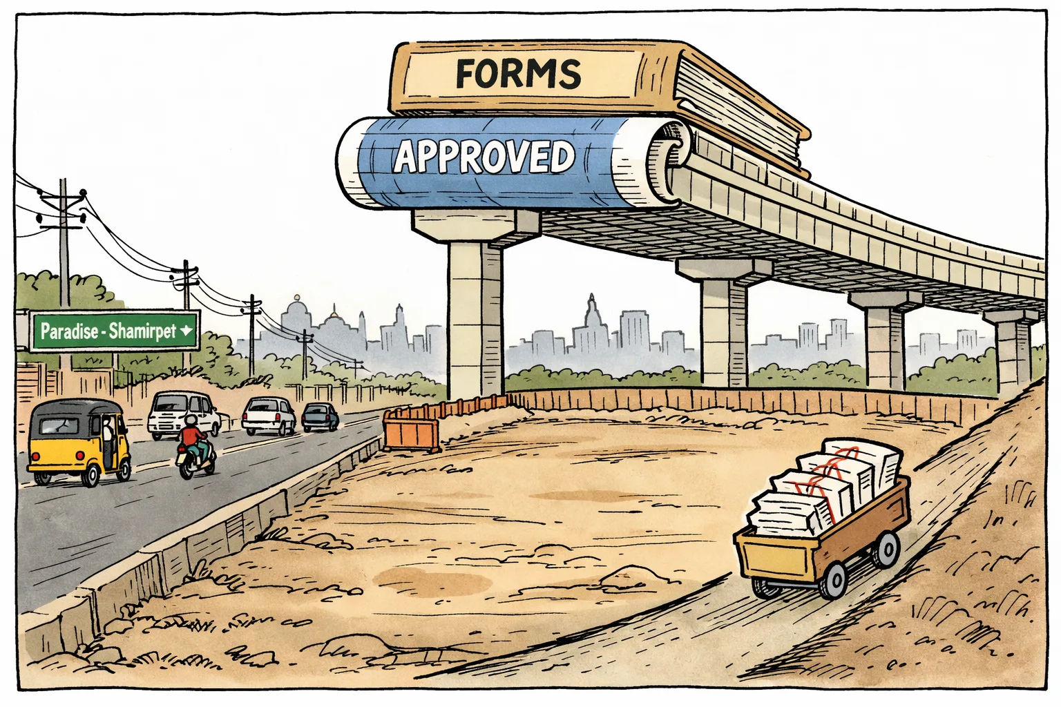 A giant elevated-flyover blueprint marked with official forms stretches across a Hyderabad road, while an empty construction site below has no pillars, contractor or machinery; commuters wait beside traffic cones.