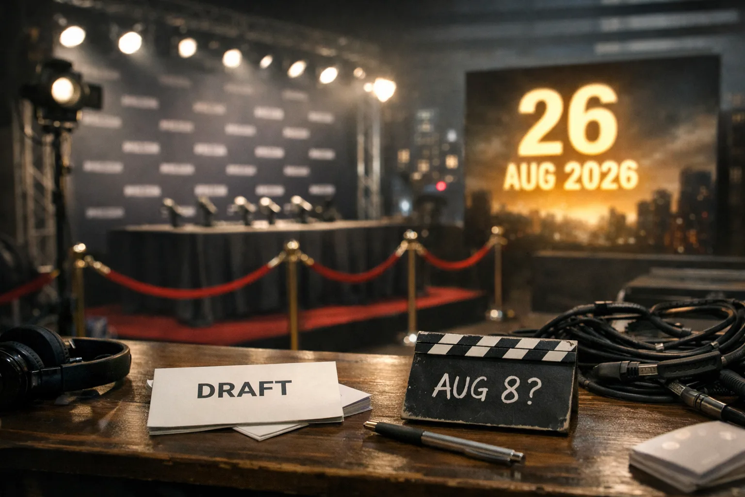 A photorealistic cinema-promotion setup shows a blank trailer-launch backdrop, an unconfirmed event invitation marked as a draft, and a cinema poster displaying the date August 26, 2026, under bright Bengaluru event lights.