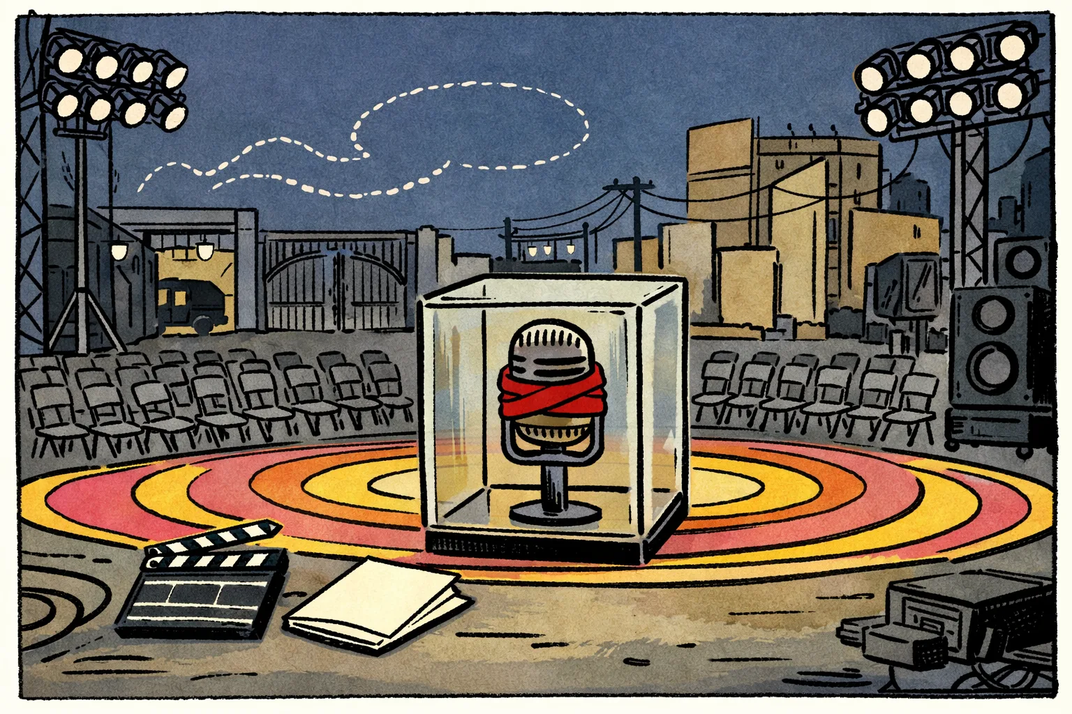 A Hyderabad film set stands ready with a giant dance floor, lights and rows of empty numbered chairs, while a sealed producer’s microphone sits beside an unmarked script and a whisper-shaped speech bubble hovers overhead.