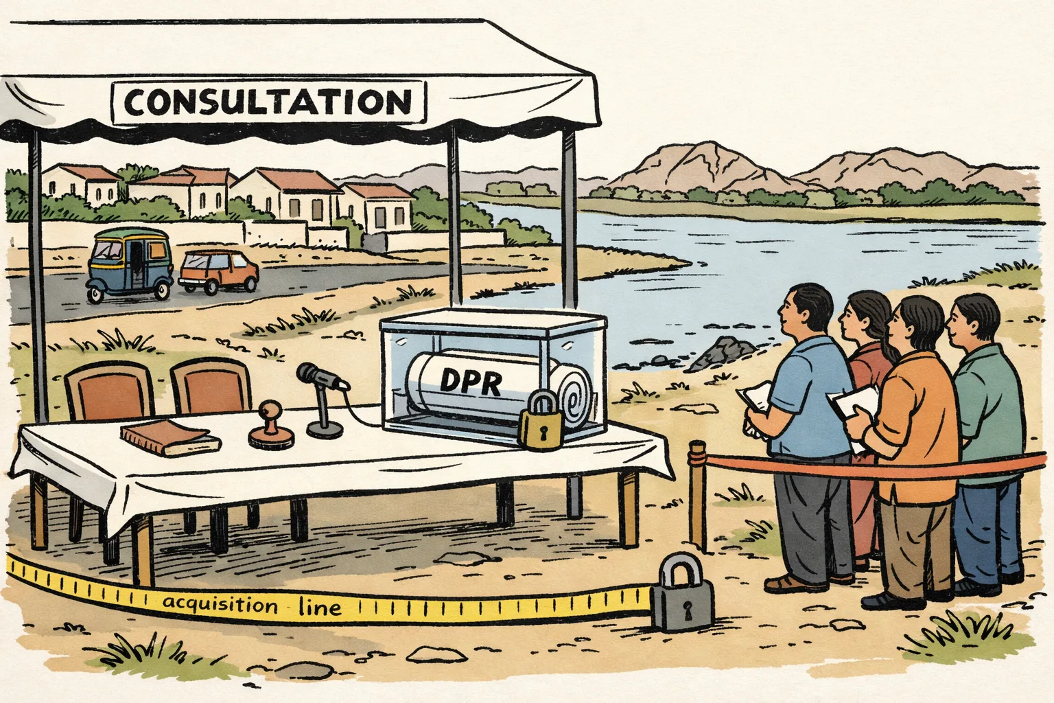 A Telangana government consultation table beside the Musi river holds a huge sealed map marked DPR, while residents wait outside a locked glass cabinet containing rolled plans; a pipe labelled ‘promise’ bends around rows of Hyderabad houses.