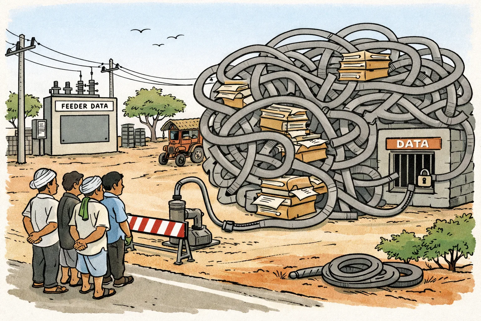 Farmers stand beside a blocked Telangana rural road and a silent irrigation pump while a power line winds through a maze of files and cables toward a locked office marked ‘DATA’.