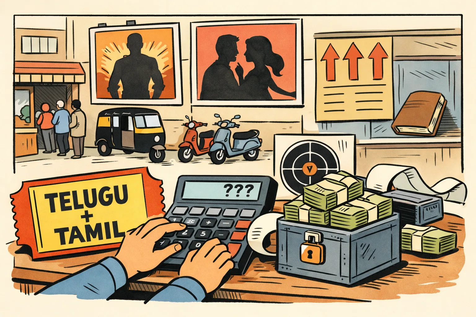 A cinema ticket counter is split between Tamil and Telugu film displays, while an oversized producer’s calculator feeds inflated crore figures into a small locked audit box; a pistol-shooting target and a film reel sit nearby.