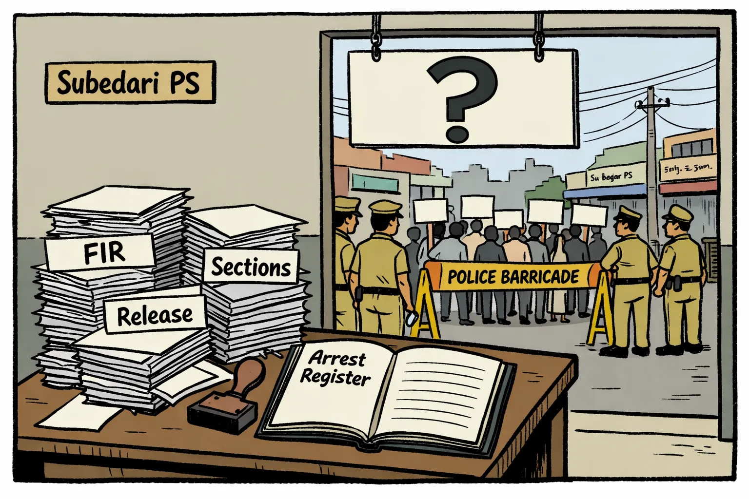 An anonymous procession stands behind a police barricade outside a Subedari police station, while a desk piled with blank arrest forms sits beside an empty register and a large question mark.