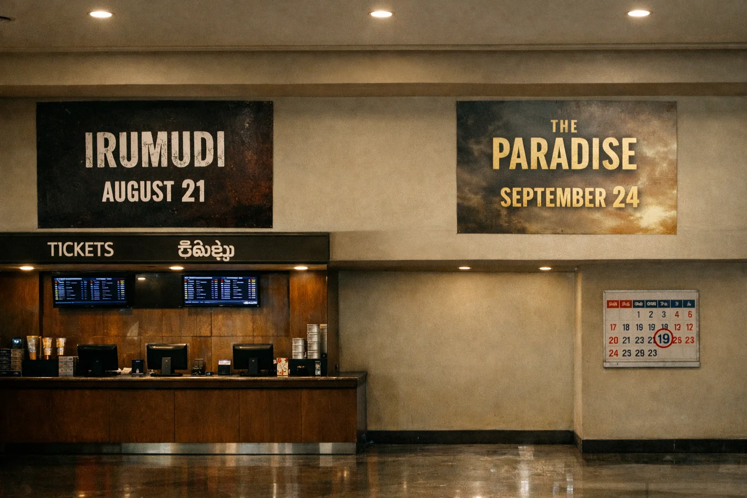 Two separate film-poster displays in a Hyderabad multiplex foyer show Irumudi on August 21 and The Paradise on September 24, with space between them.