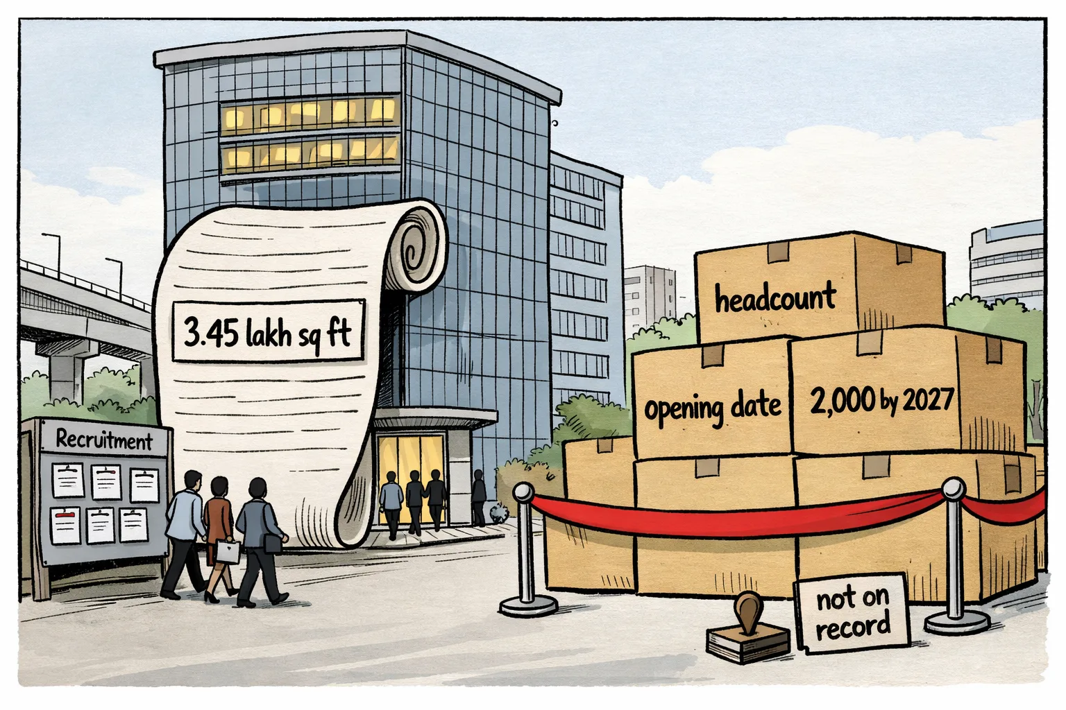 A large five-floor lease document is rolled into a Hyderabad office tower beside a job noticeboard, while unopened boxes labelled headcount, opening date and 2,000 by 2027 wait behind a ribbon.