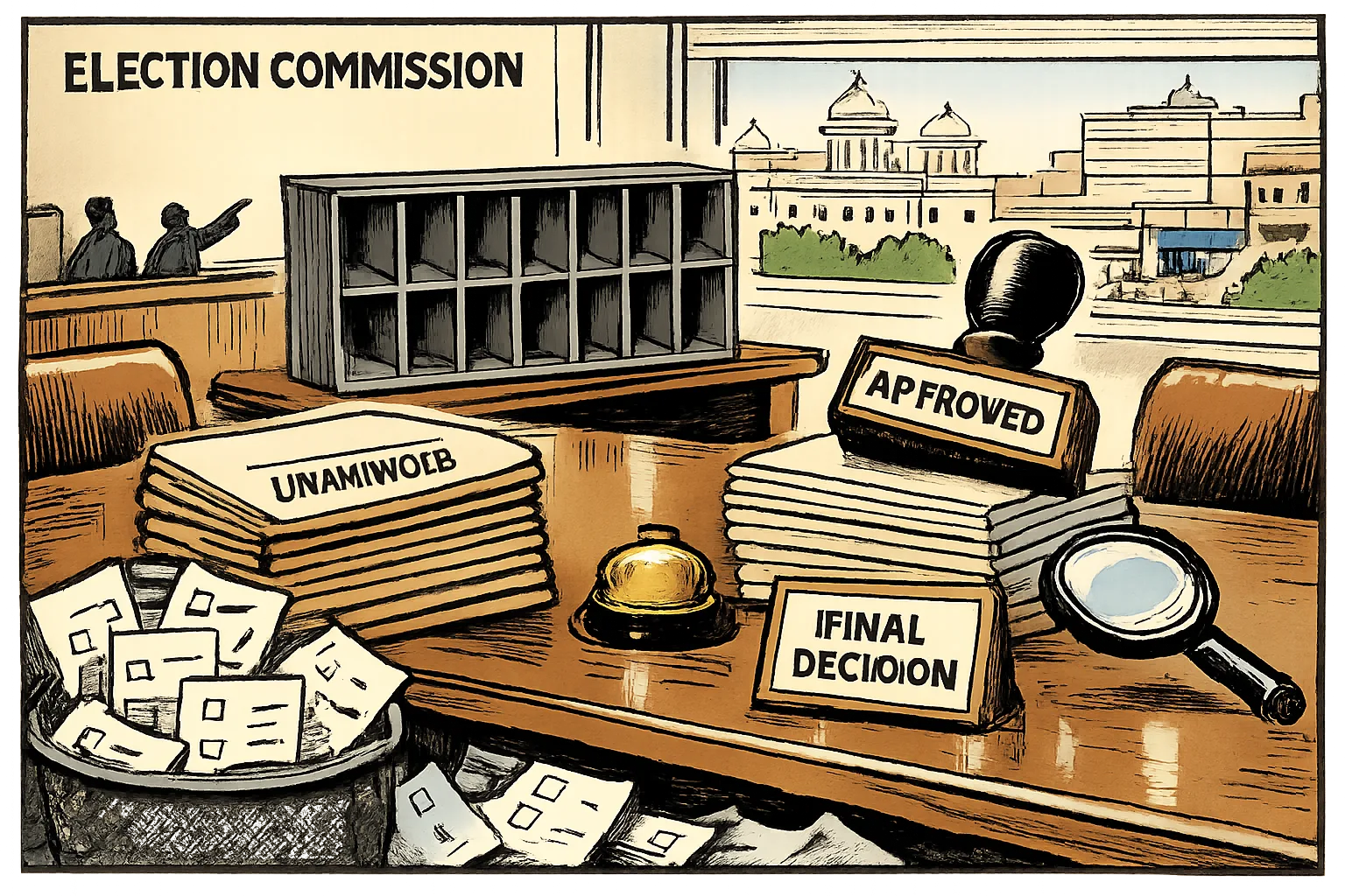 An ink-and-colour cartoon shows a tidy stack stamped “UNANIMOUS” beside an approval stamp, while fourteen empty filing slots and loose papers reveal a missing decision trail in a government office.