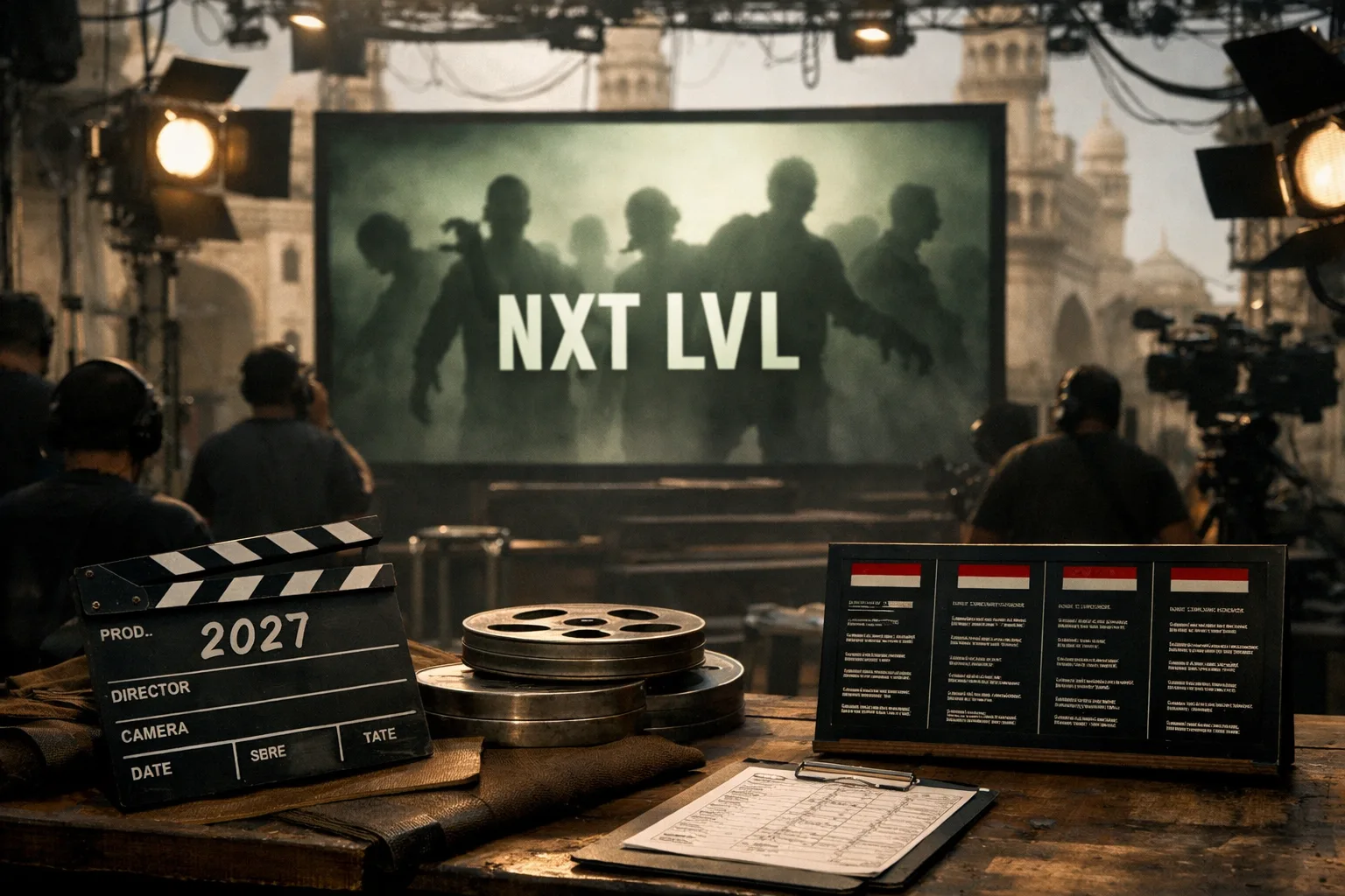 A film set in Hyderabad with a clapperboard marked 2027, film reels and a large screen showing zombie silhouettes and the words NXT LVL.