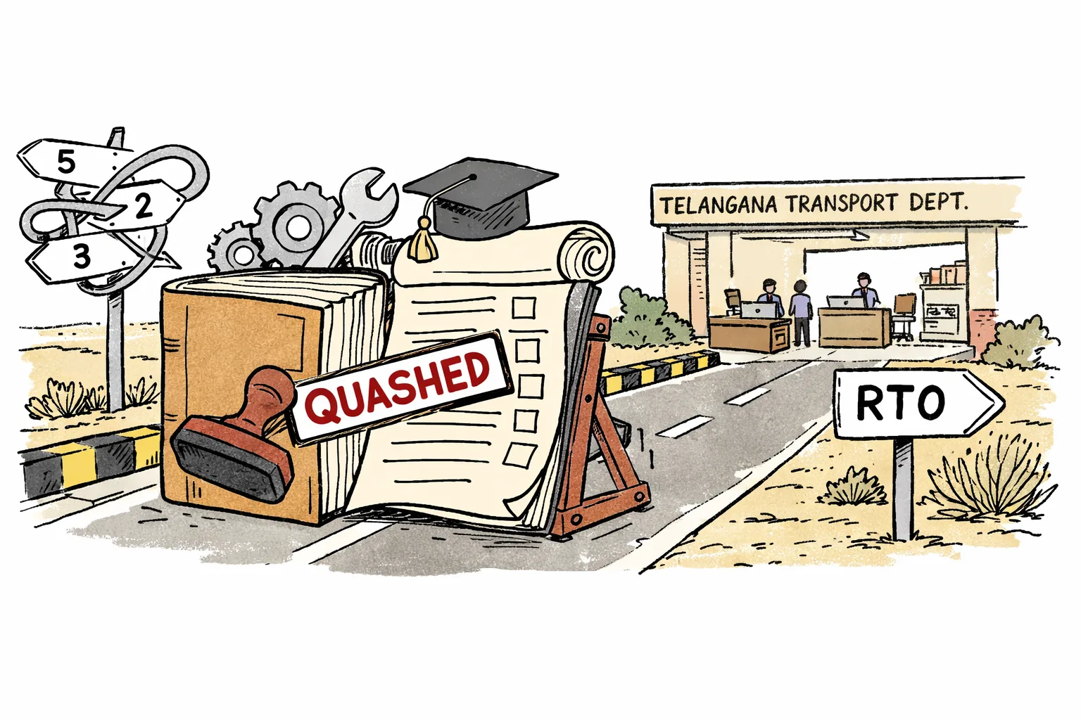 A giant rulebook and engineering-themed barricade block an RTO road outside a Telangana transport office while a court stamp marked “QUASHED” pushes it aside; numbered vacancy lanes are tangled nearby.